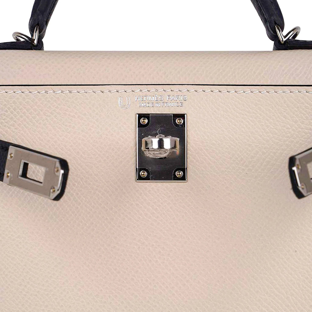 Special Order HSS Mini Kelly 20 Bag Sellier Craie & Blue Indigo Epsom Leather with Palladium Hardware