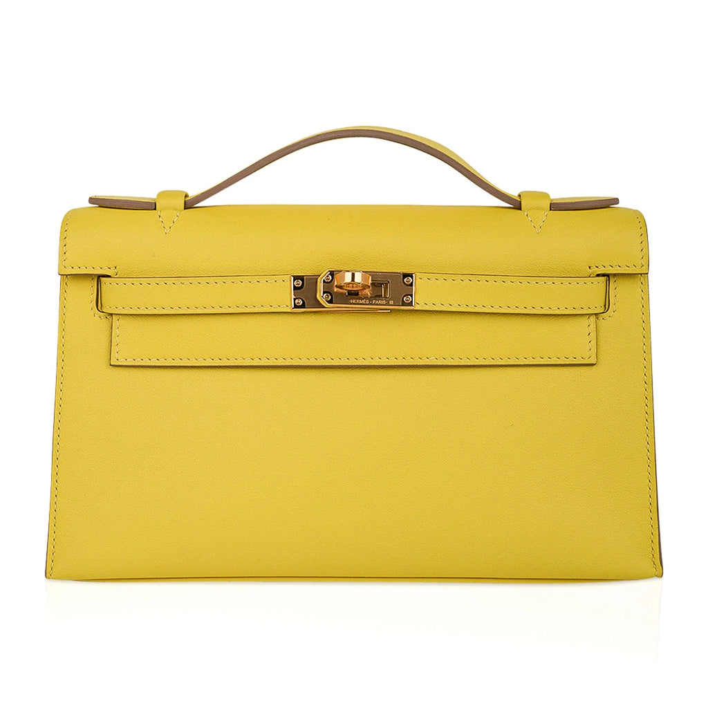 Kelly Pochette Bag Lime Clutch Gold Hardware Swift Leather