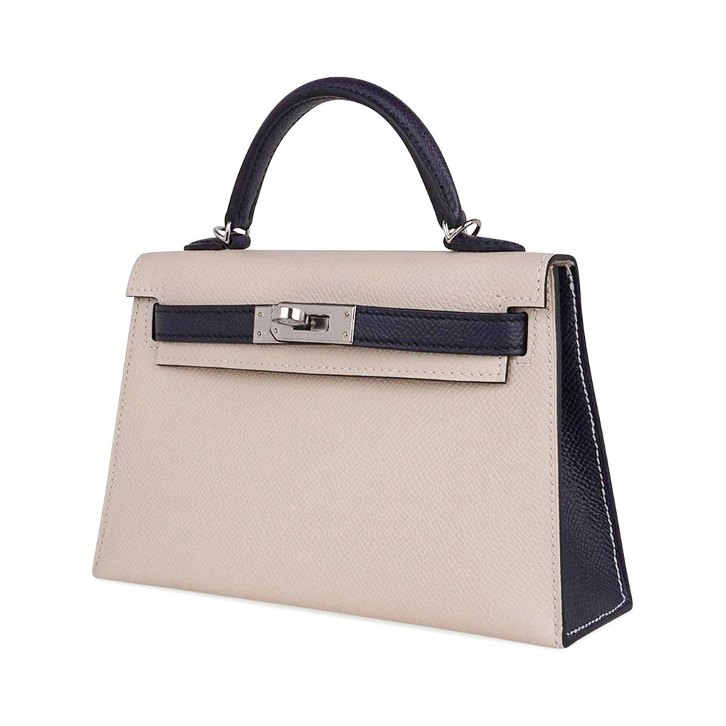 Special Order HSS Mini Kelly 20 Bag Sellier Craie & Blue Indigo Epsom Leather with Palladium Hardware