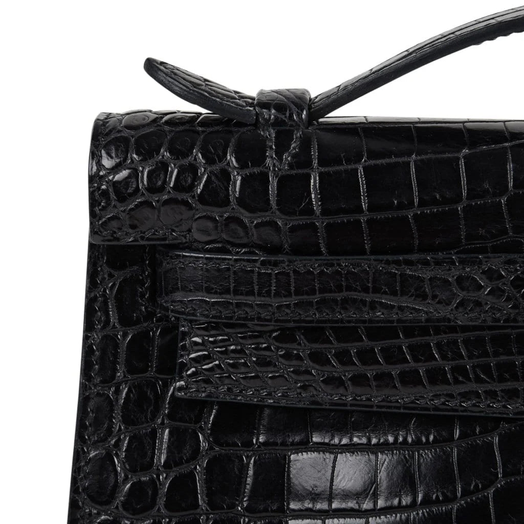 Kelly Pochette Bag Matte Black Crocodile Clutch Palladium