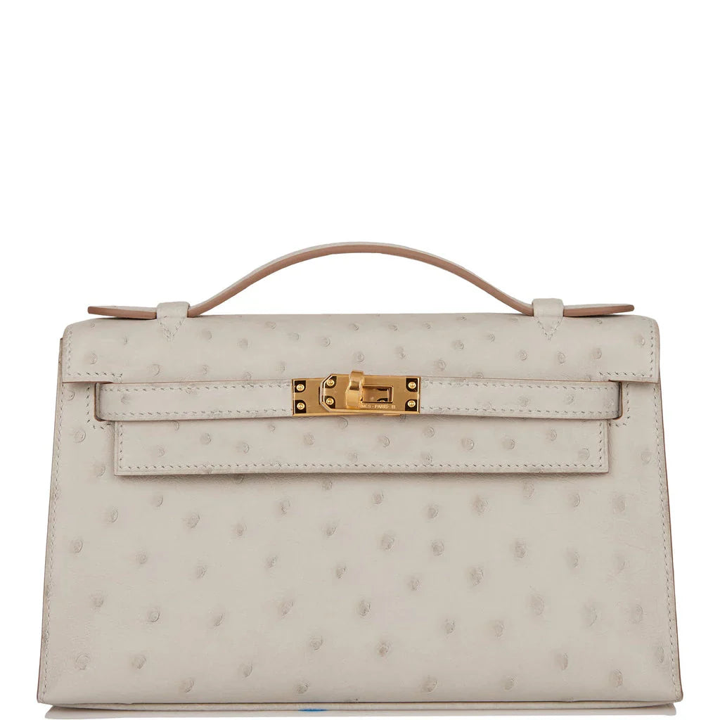 Kelly Pochette Gris Perle Ostrich Gold Hardware