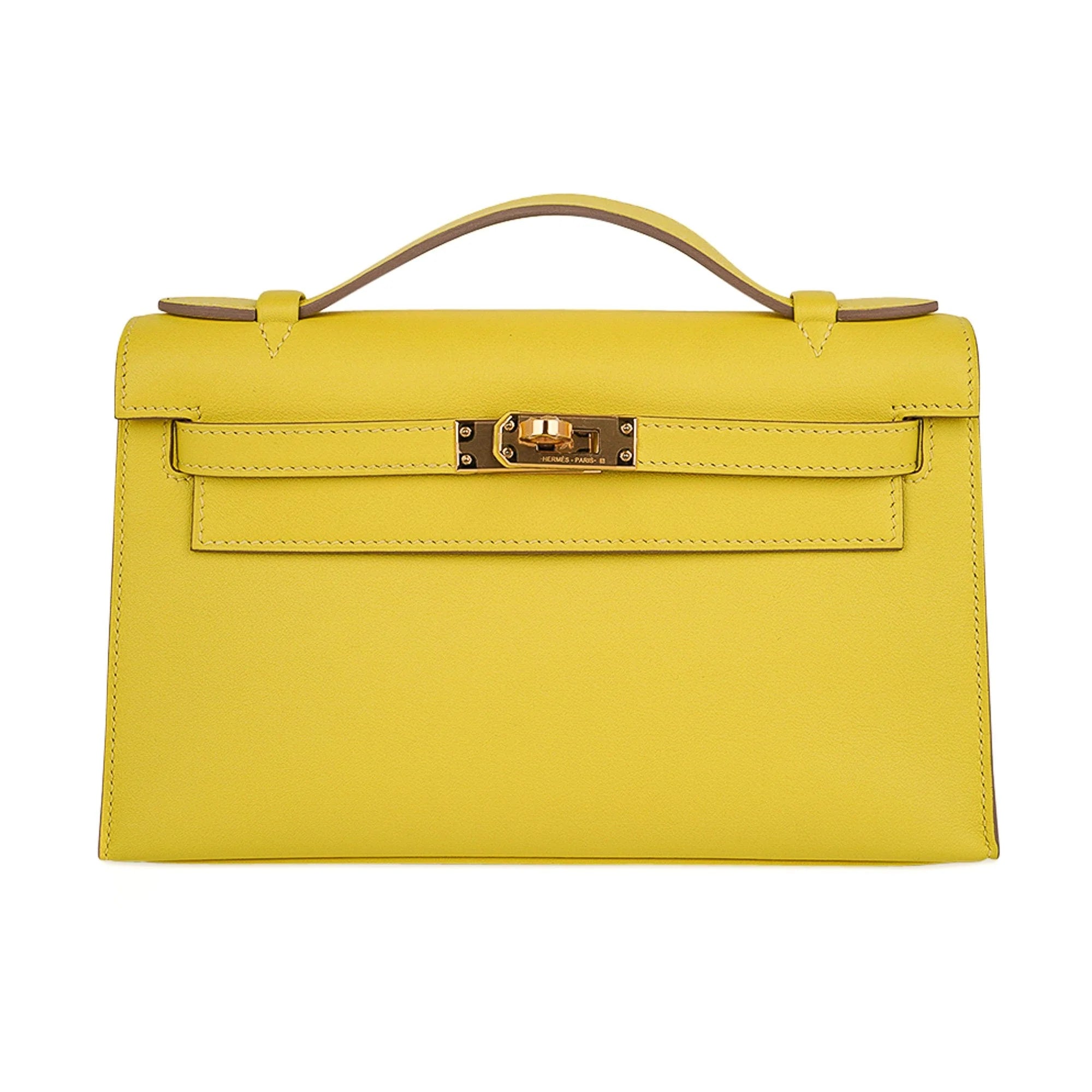 Kelly Pochette Bag Lime Clutch Gold Hardware Swift Leather