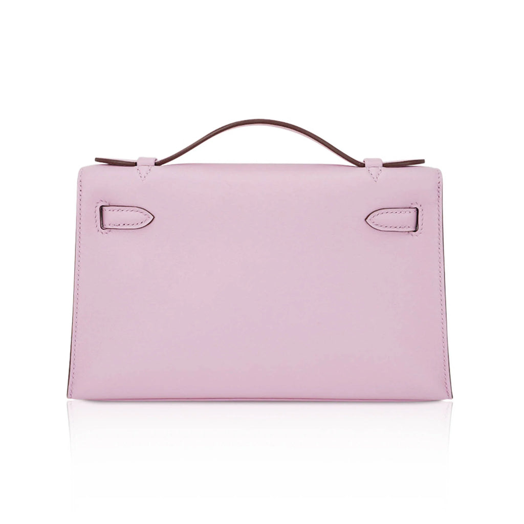 Kelly Pochette Clutch Bag Mauve Sylvestre Swift Leather with Rose Gold Hardware