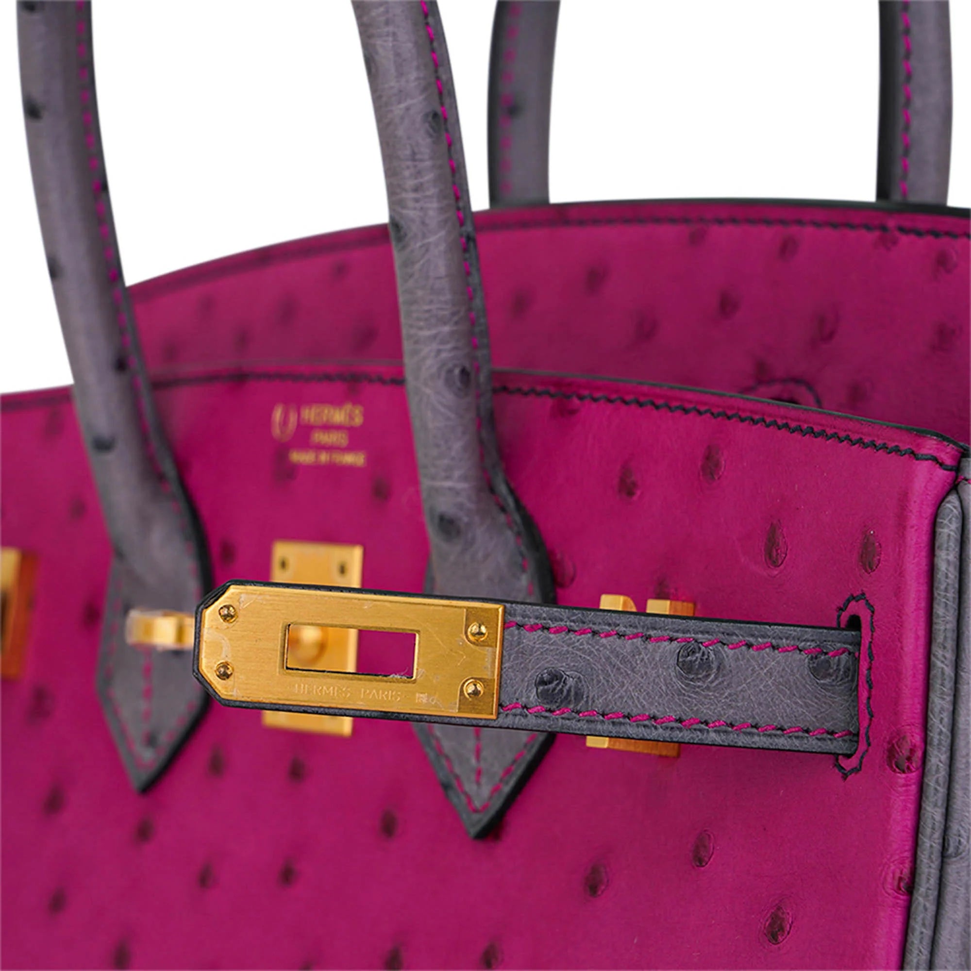 Birkin HSS 25 Bag Rose Pourpre and Gris Agate Ostrich with Gold Hardware