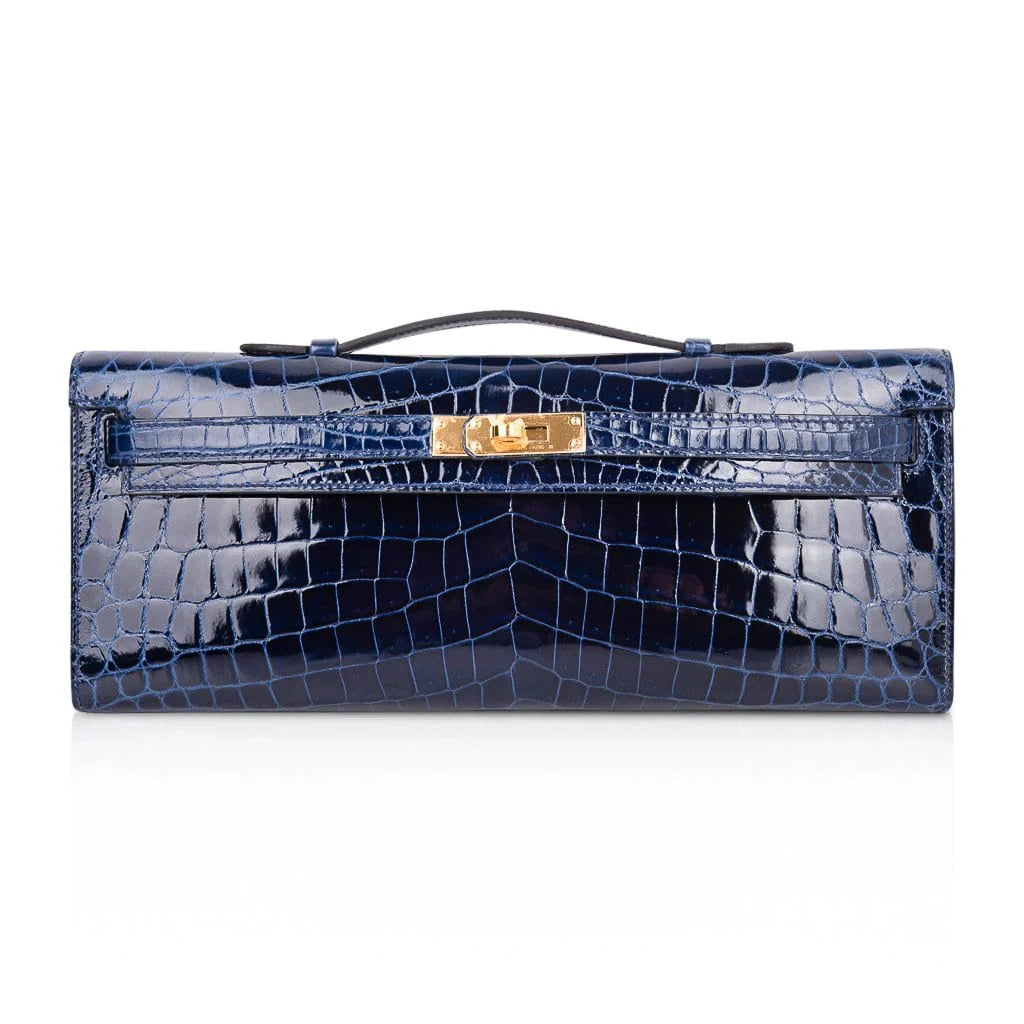Kelly Cut Blue Sapphire Crocodile Clutch Bag Gold Hardware