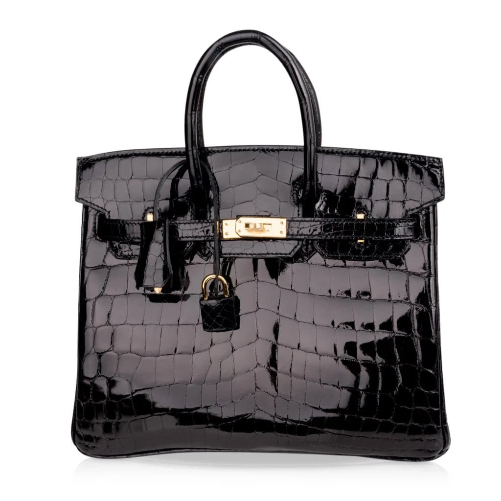 Birkin 25 Bag Black Crocodile Lisse Gold Hardware