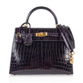 Kelly 25 Bag Sellier Crocodile Prunoir Gold Hardware