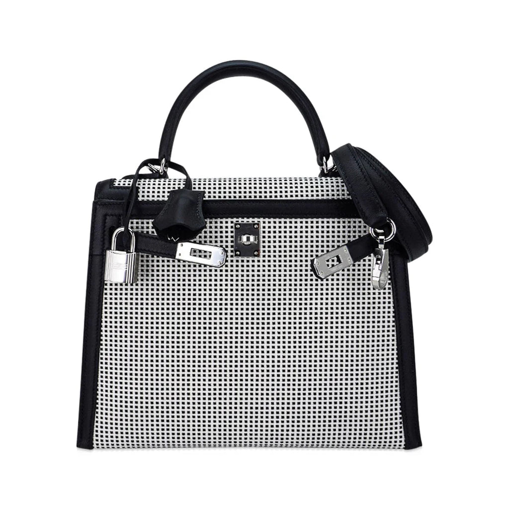 Kelly 25 Sellier Bag Quadrille Black & White Viking Toile Swift Leather with Palladium Hardware