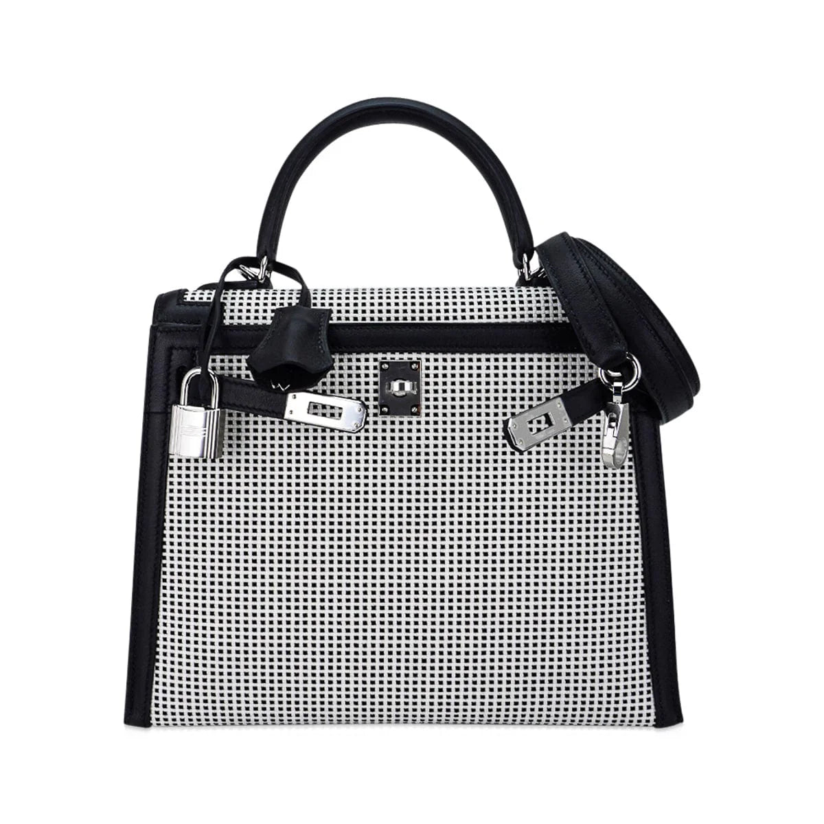 Kelly 25 Sellier Bag Quadrille Black & White Viking Toile Swift Leather with Palladium Hardware
