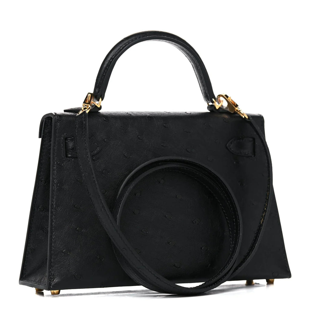 Kelly Sellier Mini 20 Black Ostrich Gold Hardware