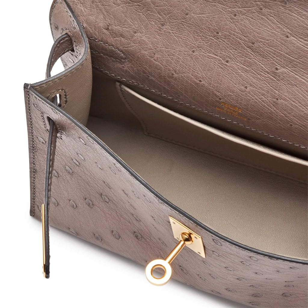 Kelly Pochette in Ostrich Leather with Gold Hardware Gris Tourterelle