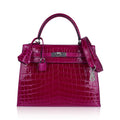 Kelly 25 Sellier Bag Rose Pourpre Crocodile with Palladium Hardware
