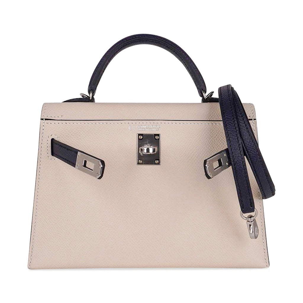 Special Order HSS Mini Kelly 20 Bag Sellier Craie & Blue Indigo Epsom Leather with Palladium Hardware