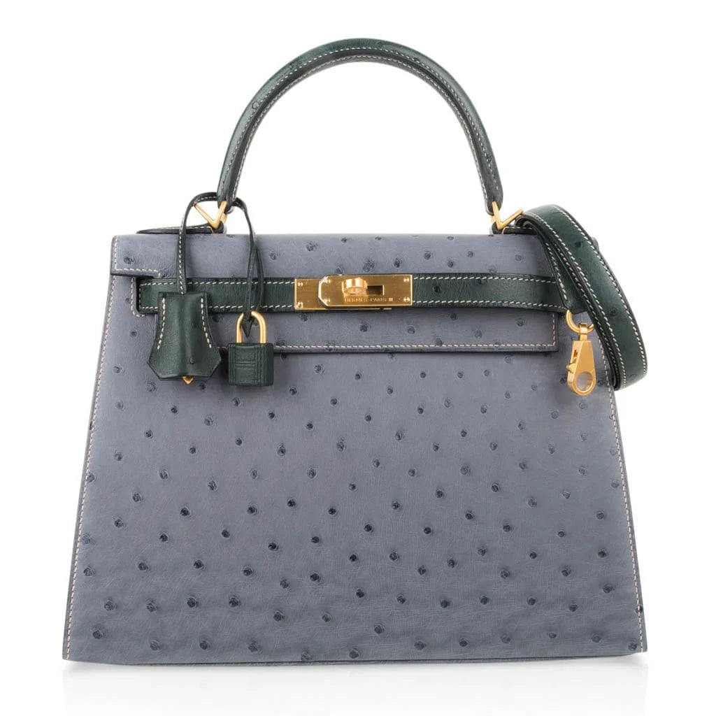 Kelly Sellier 28 HSS Bag Gris Agate / Vert Titien Ostrich Gold Hardware