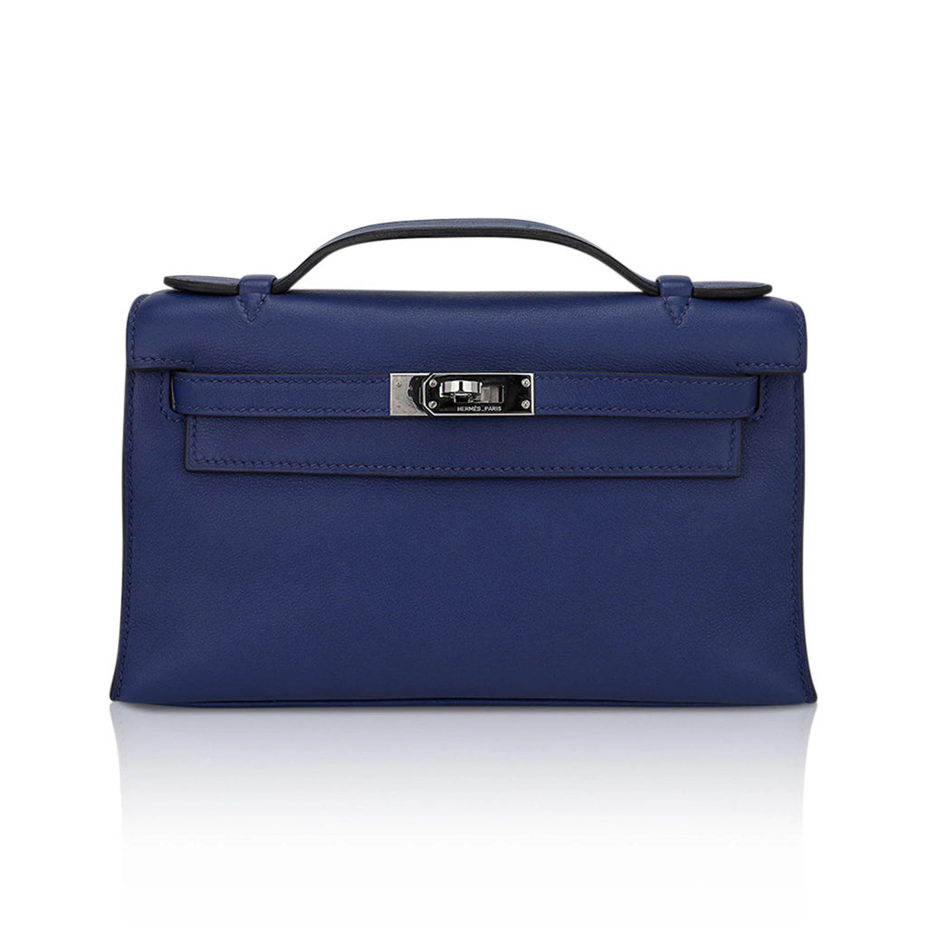 Kelly Pochette Clutch Bag Blue Sapphire Swift Leather with Palladium Hardware