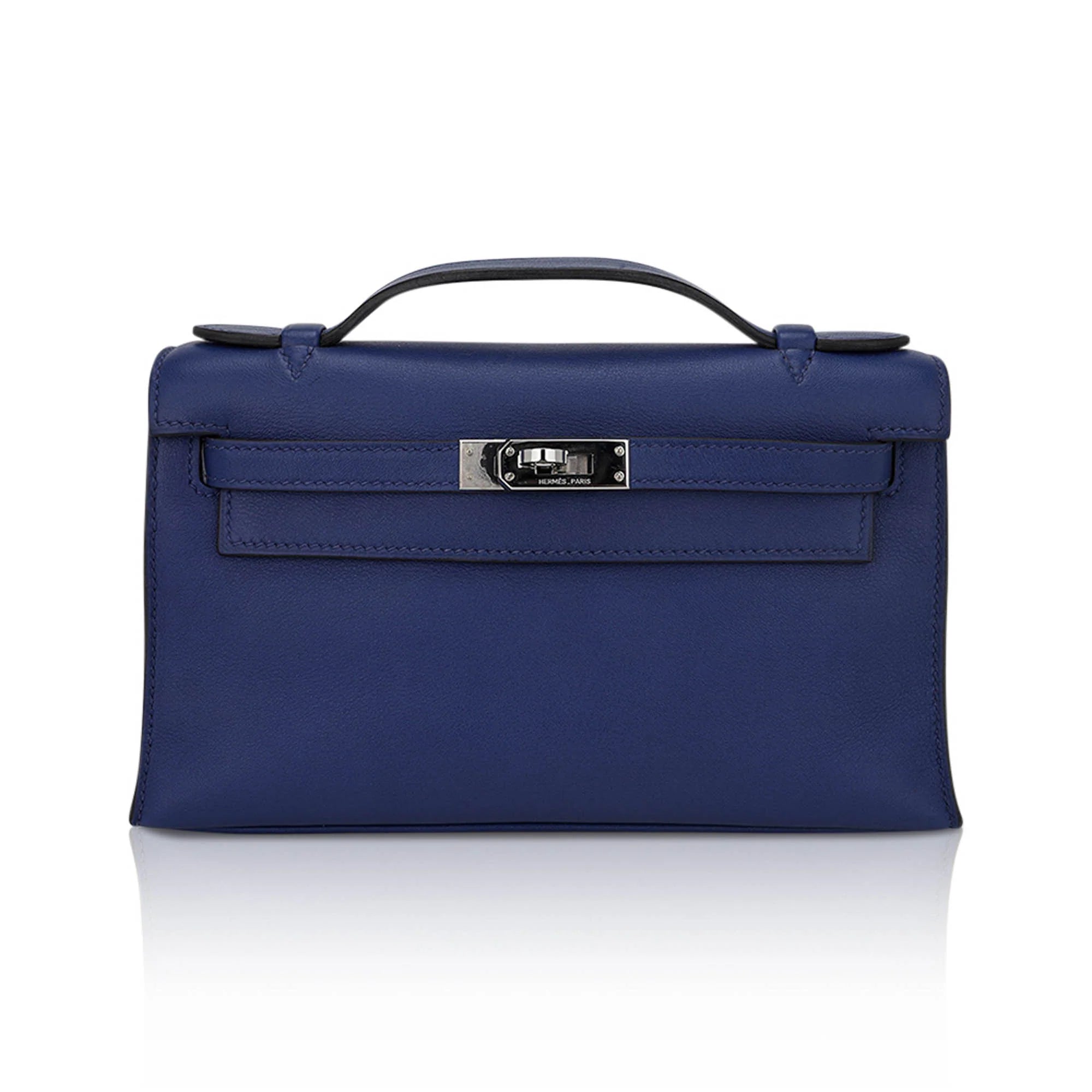 Kelly Pochette Clutch Bag Blue Sapphire Swift Leather with Palladium Hardware