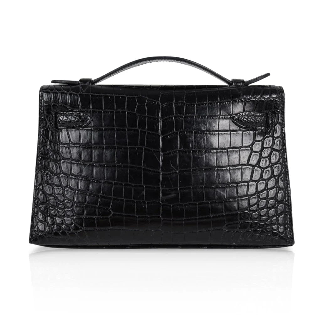 Kelly Pochette Bag Matte Black Crocodile Clutch Palladium