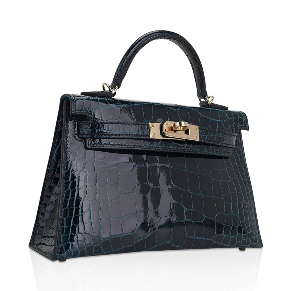 Limited Edition Verso Mini Kelly 20 Sellier Bag Vert Rousseau & Blue Paon Alligator with Permabrass Hardware
