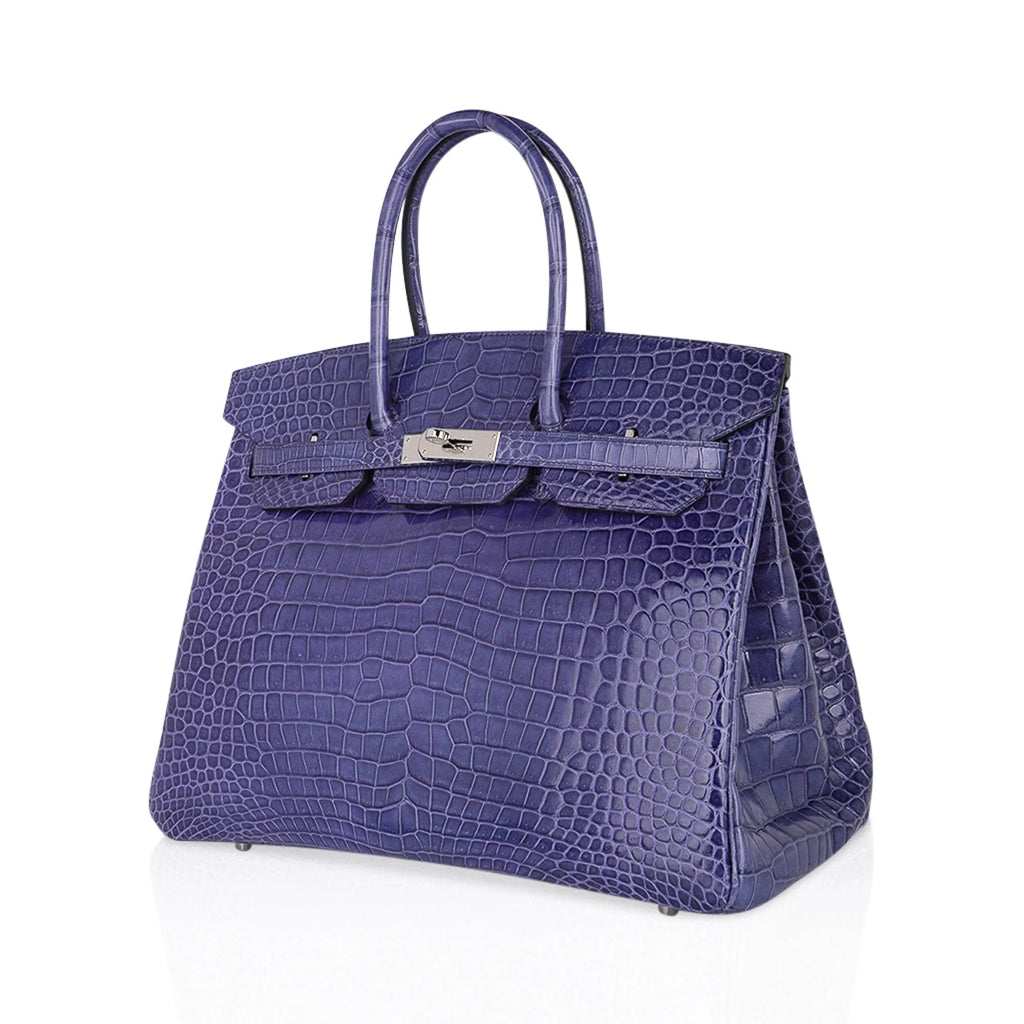 Birkin 35 Bag Blue Brighton Porosus Crocodile Palladium Hardware New