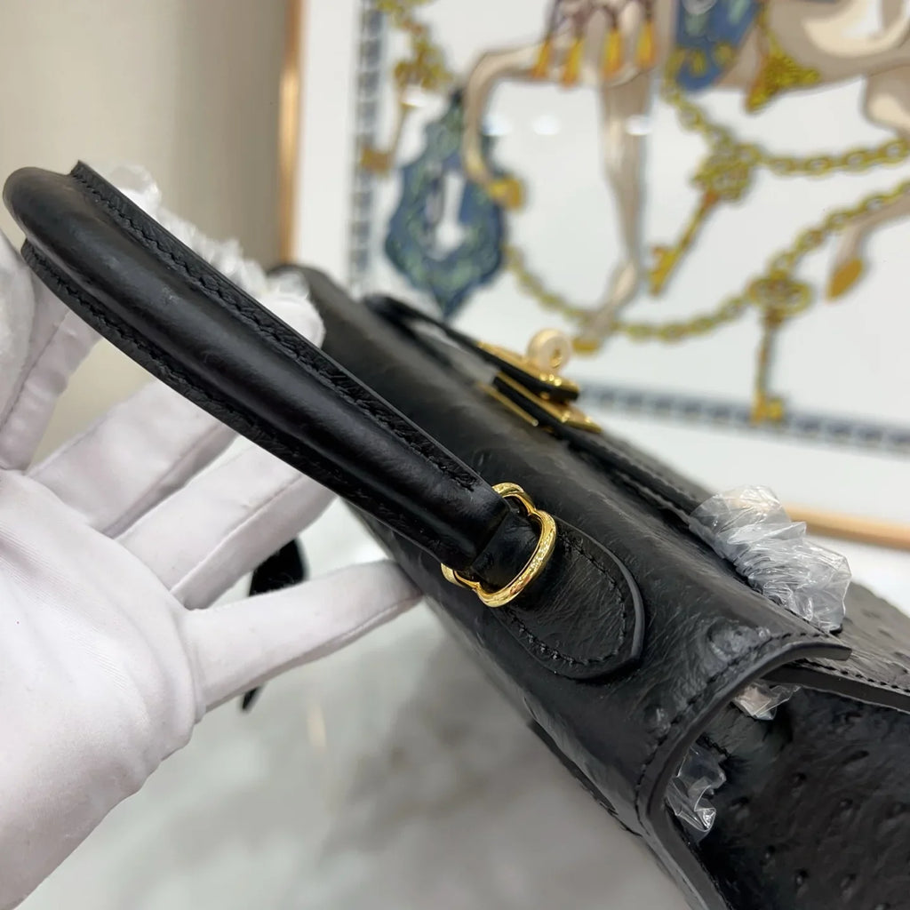 Kelly 25 Sellier Black Ostrich Gold Hardware