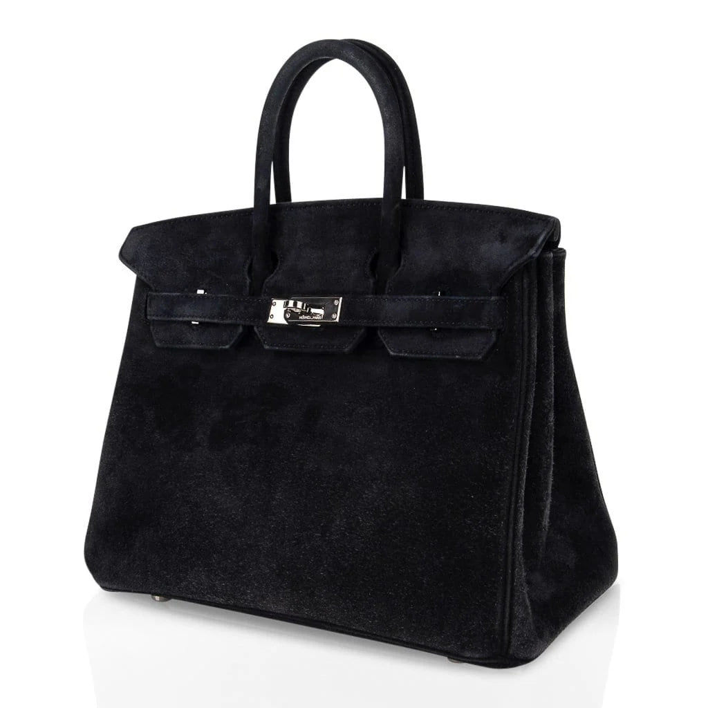 Birkin 25 Bag Black Doblis Suede with Palladium Hardware