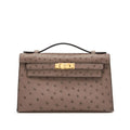 Kelly Pochette in Ostrich Leather with Gold Hardware Gris Tourterelle