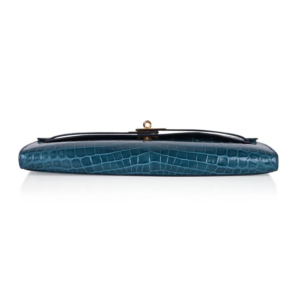 Kelly Cut Bag Blue Colvert Crocodile with Gold Hardware