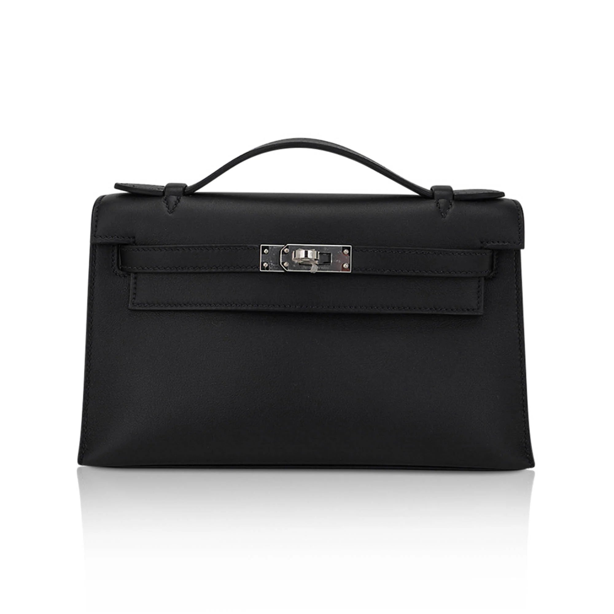 Kelly Pochette Clutch Bag Black Swift Leather with Palladium Hardware