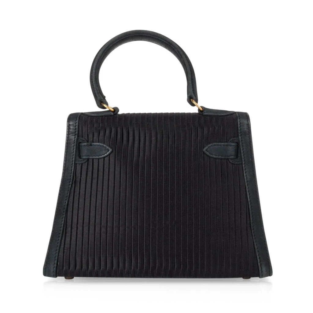 Kelly 20 Mini Vintage Bag Black Pleated Silk Suede Trim Gold Hardware
