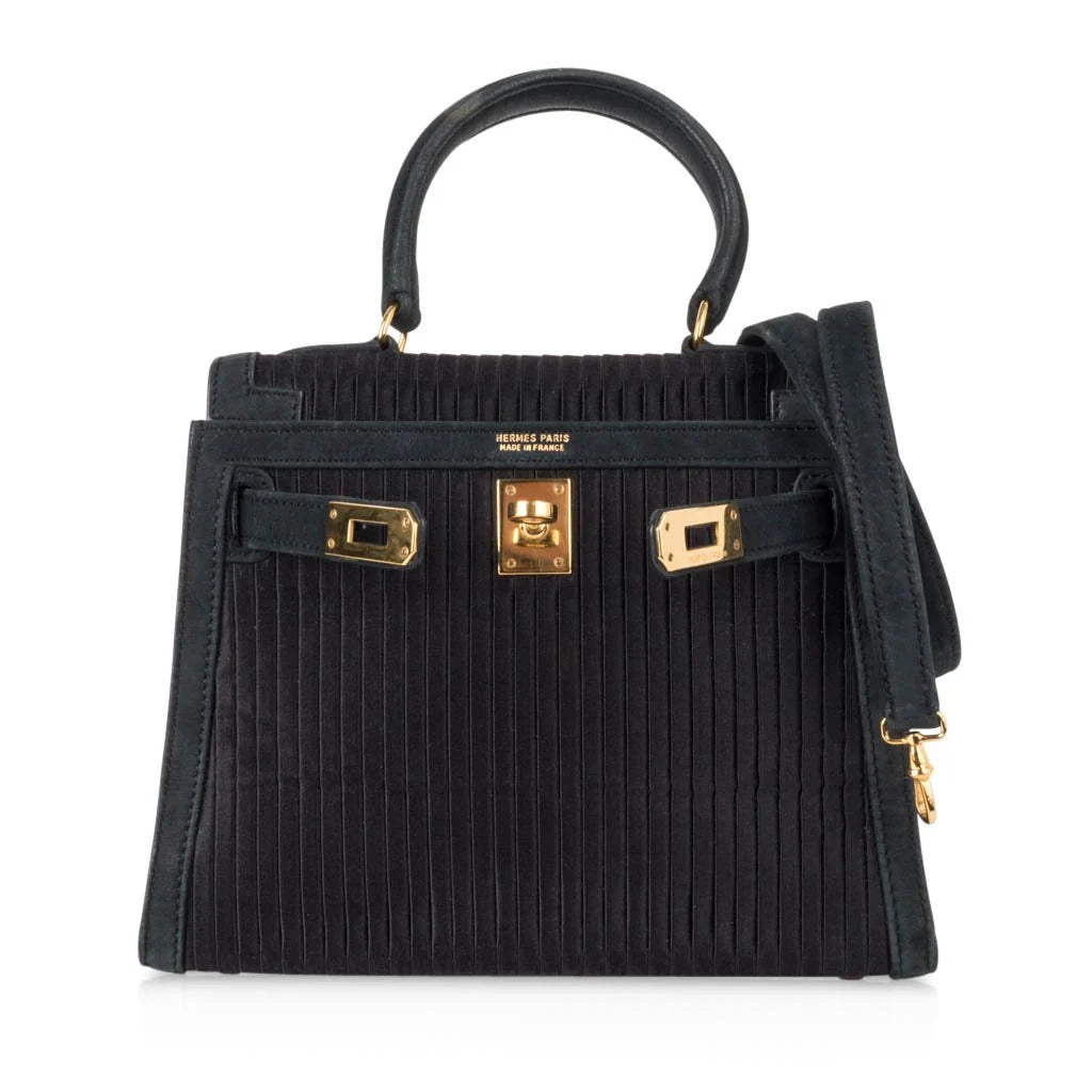 Kelly 20 Mini Vintage Bag Black Pleated Silk Suede Trim Gold Hardware