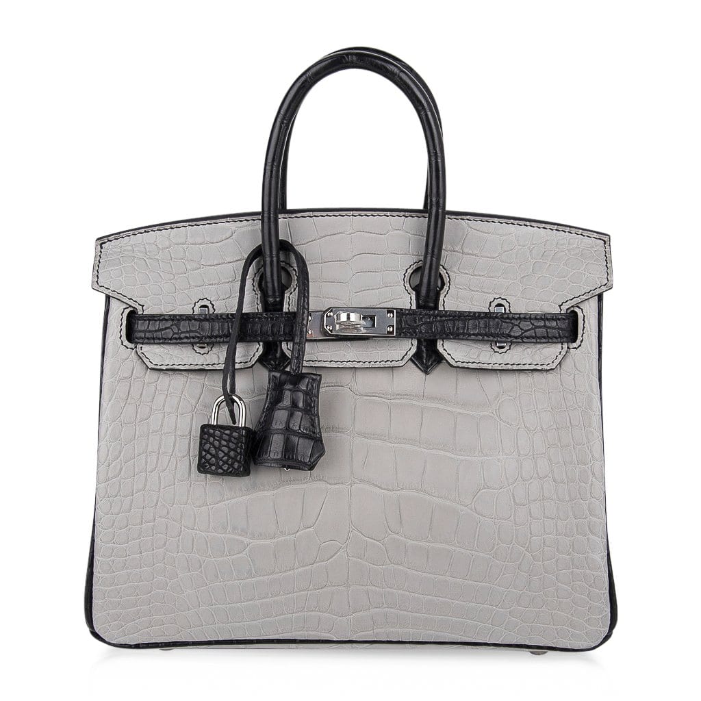 Birkin 25 HSS Bag Gris Perle / Black Matte Alligator Palladium Hardware