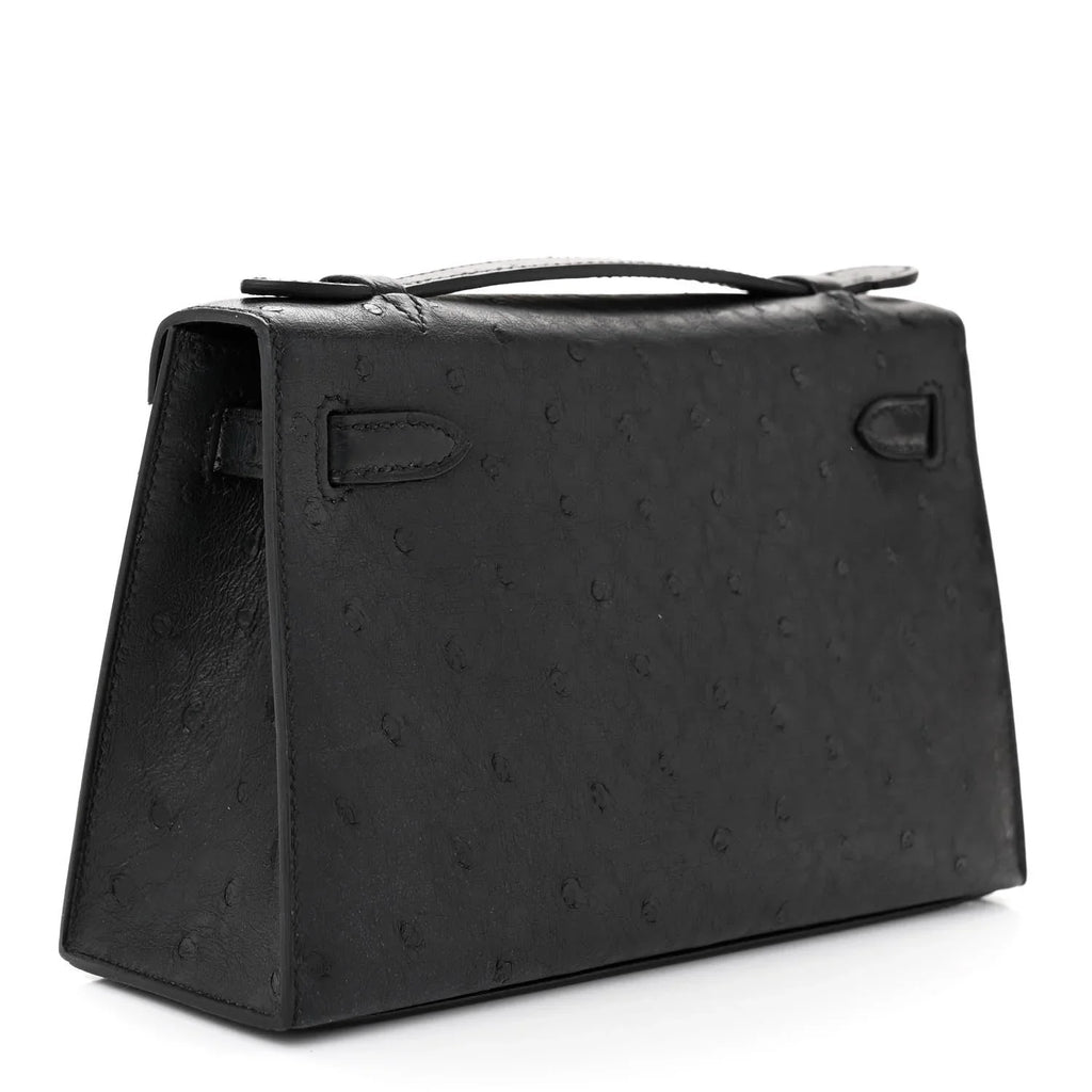 Kelly Pochette Black Ostrich Clutch Gold Hardware