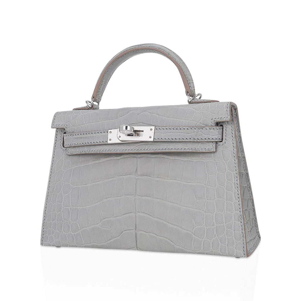 Limited Edition Mini Kelly 20 Sellier Matte Gris Perle Alligator Bag Palladium Hardware