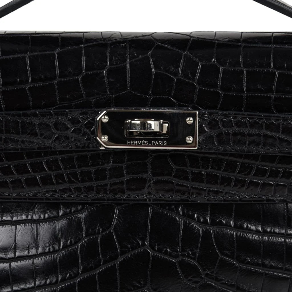 Kelly Pochette Bag Matte Black Crocodile Clutch Palladium