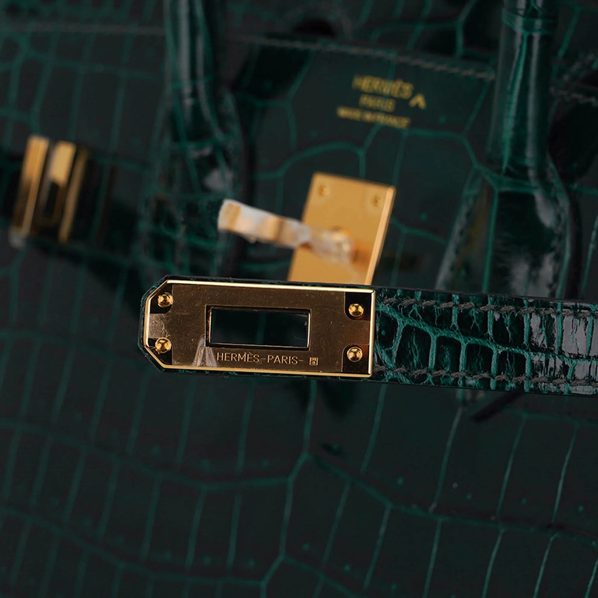 Birkin 25 Bag Sellier Vert Fonce Porosus Crocodile Bag with Gold Hardware