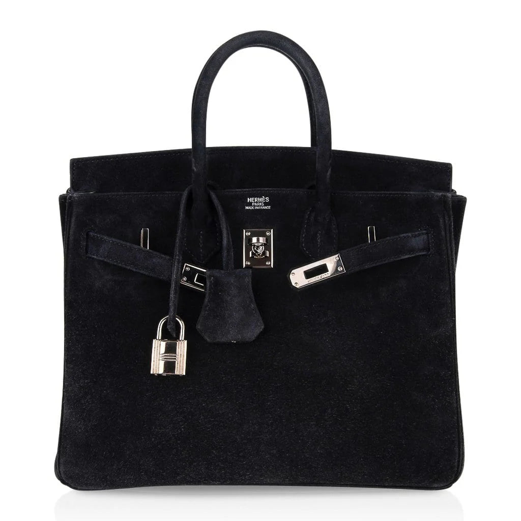 Birkin 25 Bag Black Doblis Suede with Palladium Hardware