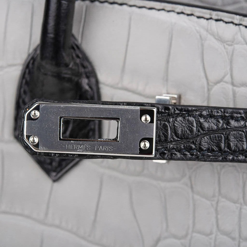 Birkin 25 HSS Bag Gris Perle / Black Matte Alligator Palladium Hardware