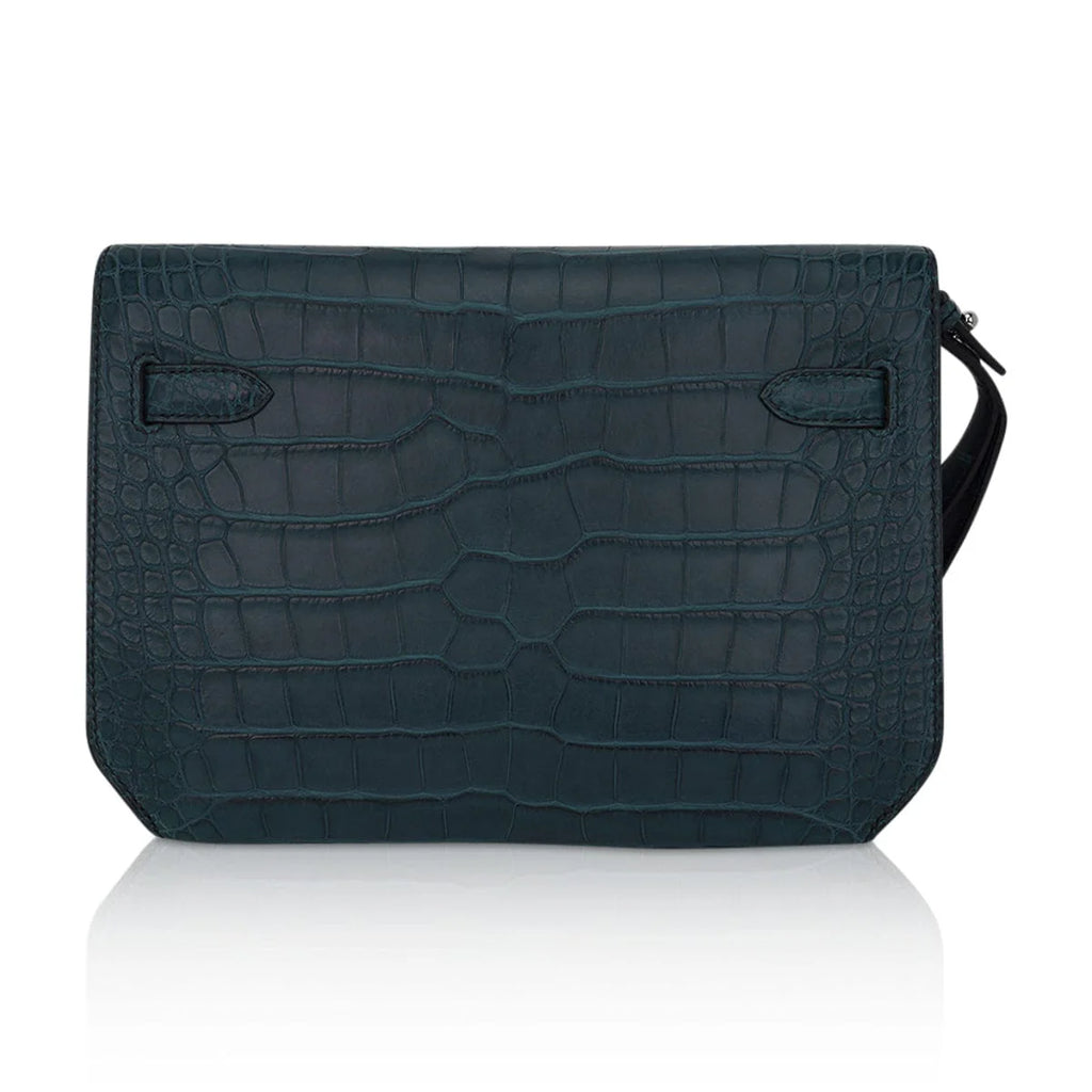 Kelly Depeches 25 Pouch Vert Rousseau Matte Alligator Palladium Hardware