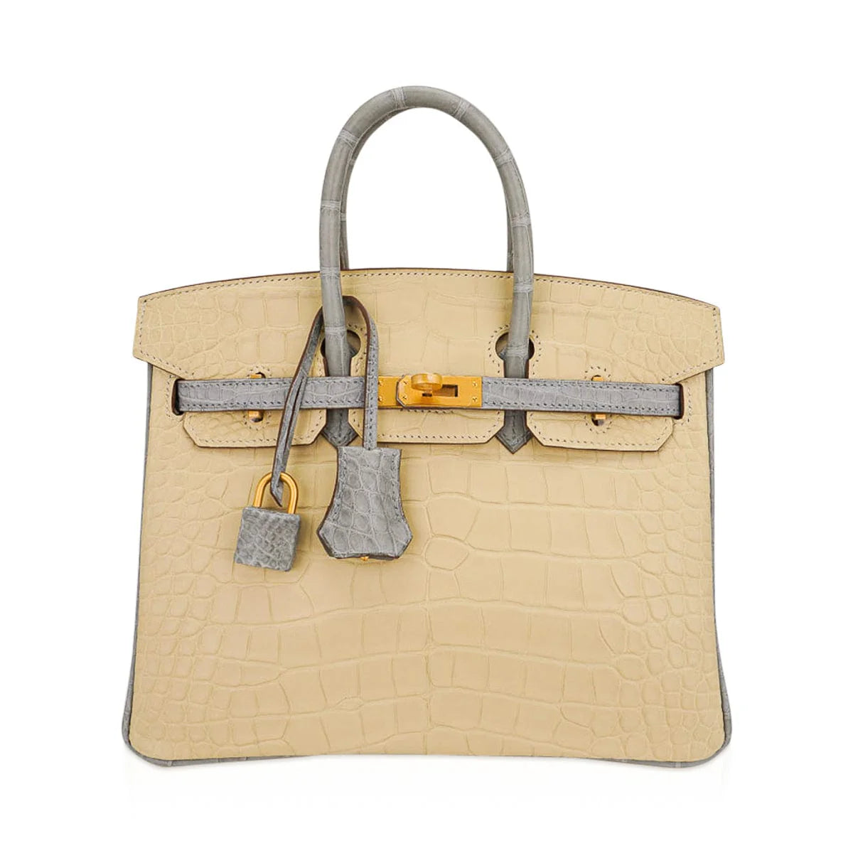 Special Order HSS Birkin 25 Bag in Matte Alligator Vanille and Gris Pearl Alligator with Brushed Gold Hardware