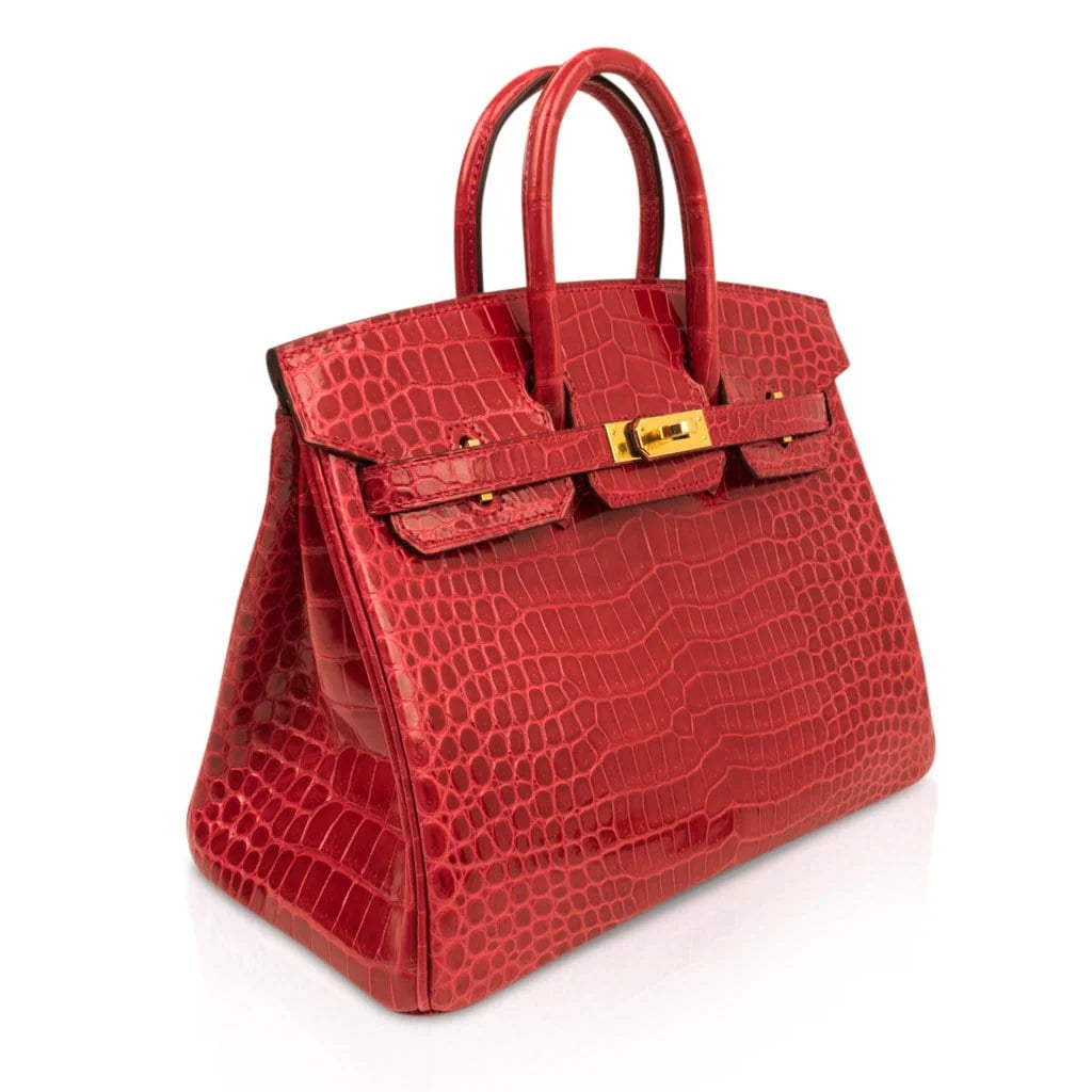 Birkin 25 Bag Red Braise Porosus Crocodile Gold Hardware Lipstick Red