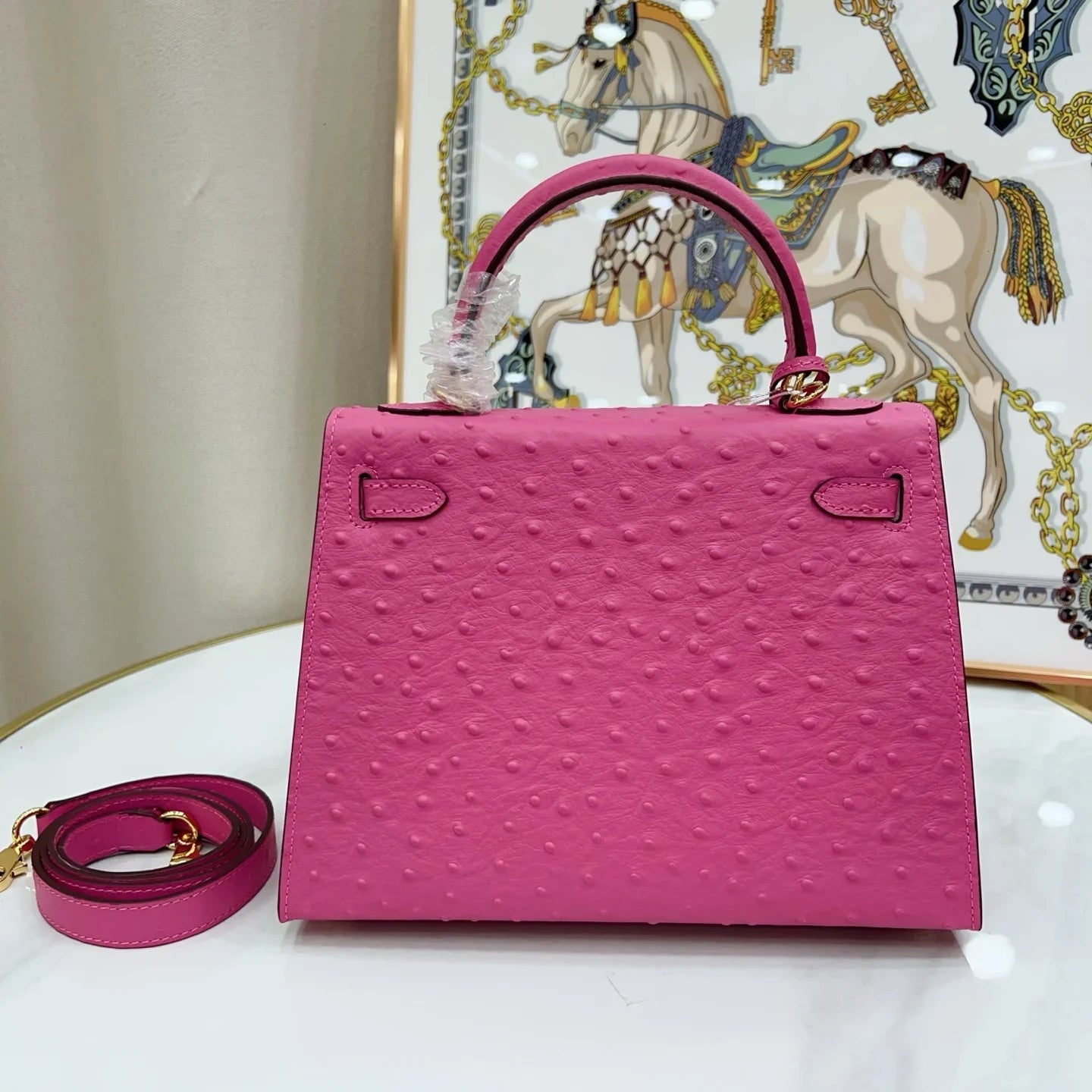 Kelly Sellier 25 Rose Pourpre and Gris Agate Ostrich Brushed Gold Hardware