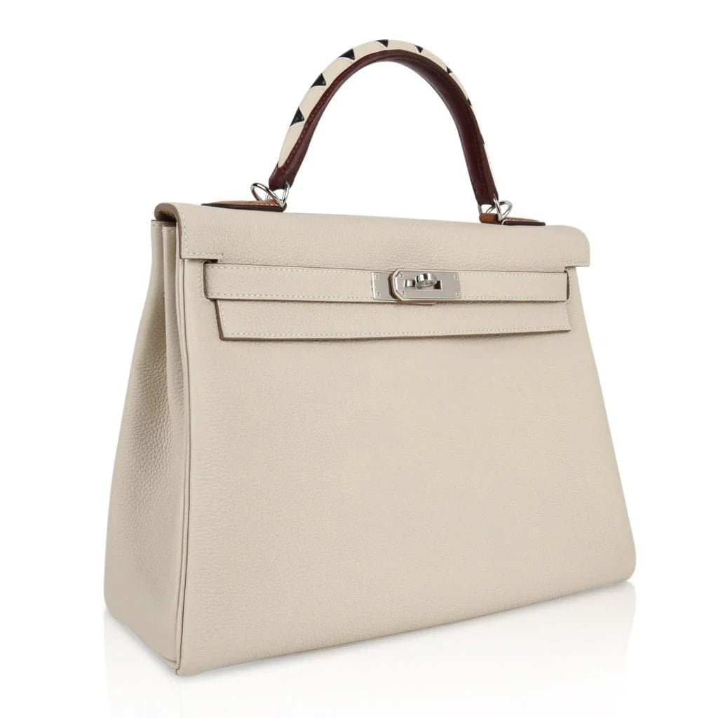 Limited Edition Kelly 32 Retourne Bag Au Galop Craie Togo Leather with Palladium Hardware