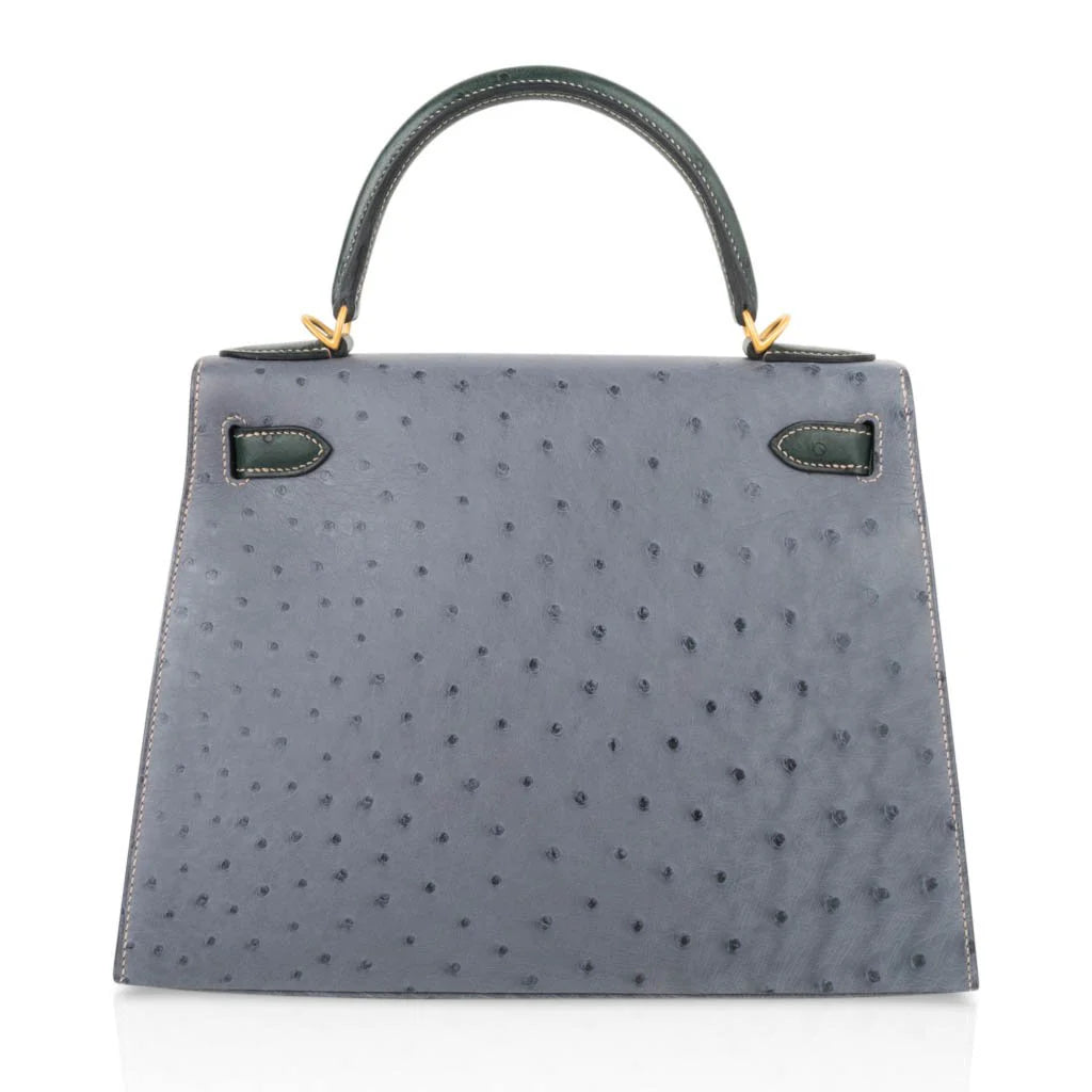 Kelly Sellier 28 HSS Bag Gris Agate / Vert Titien Ostrich Gold Hardware