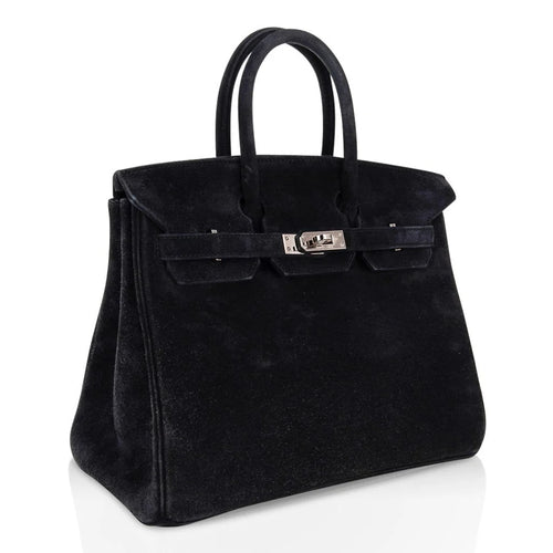 Birkin 25 Bag Black Doblis Suede with Palladium Hardware