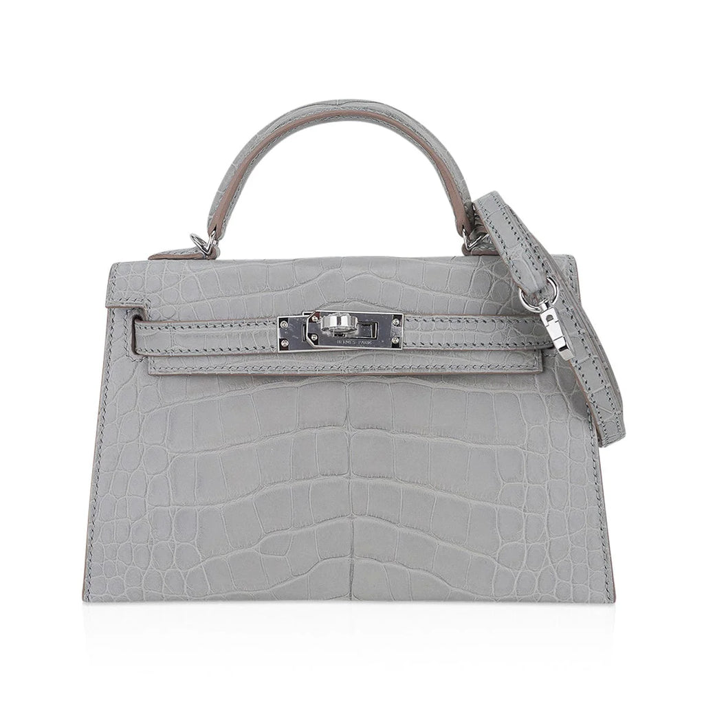 Limited Edition Mini Kelly 20 Sellier Matte Gris Perle Alligator Bag Palladium Hardware