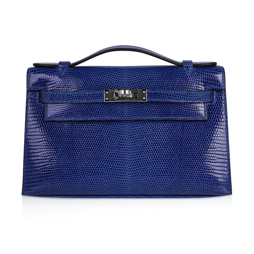 Kelly Pochette Bag Blue Sapphire Lizard Clutch Palladium Hardware