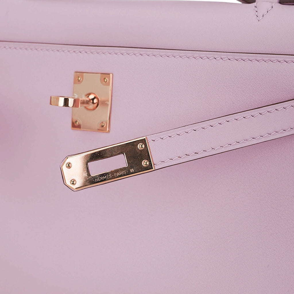 Kelly Pochette Clutch Bag Mauve Sylvestre Swift Leather with Rose Gold Hardware