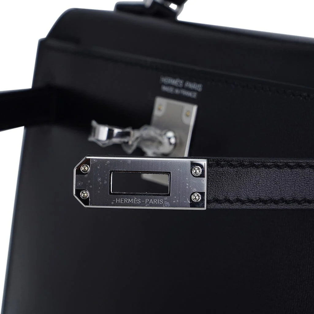 Kelly 20 Sellier Black Box Leather Mini Bag Palladium Hardware