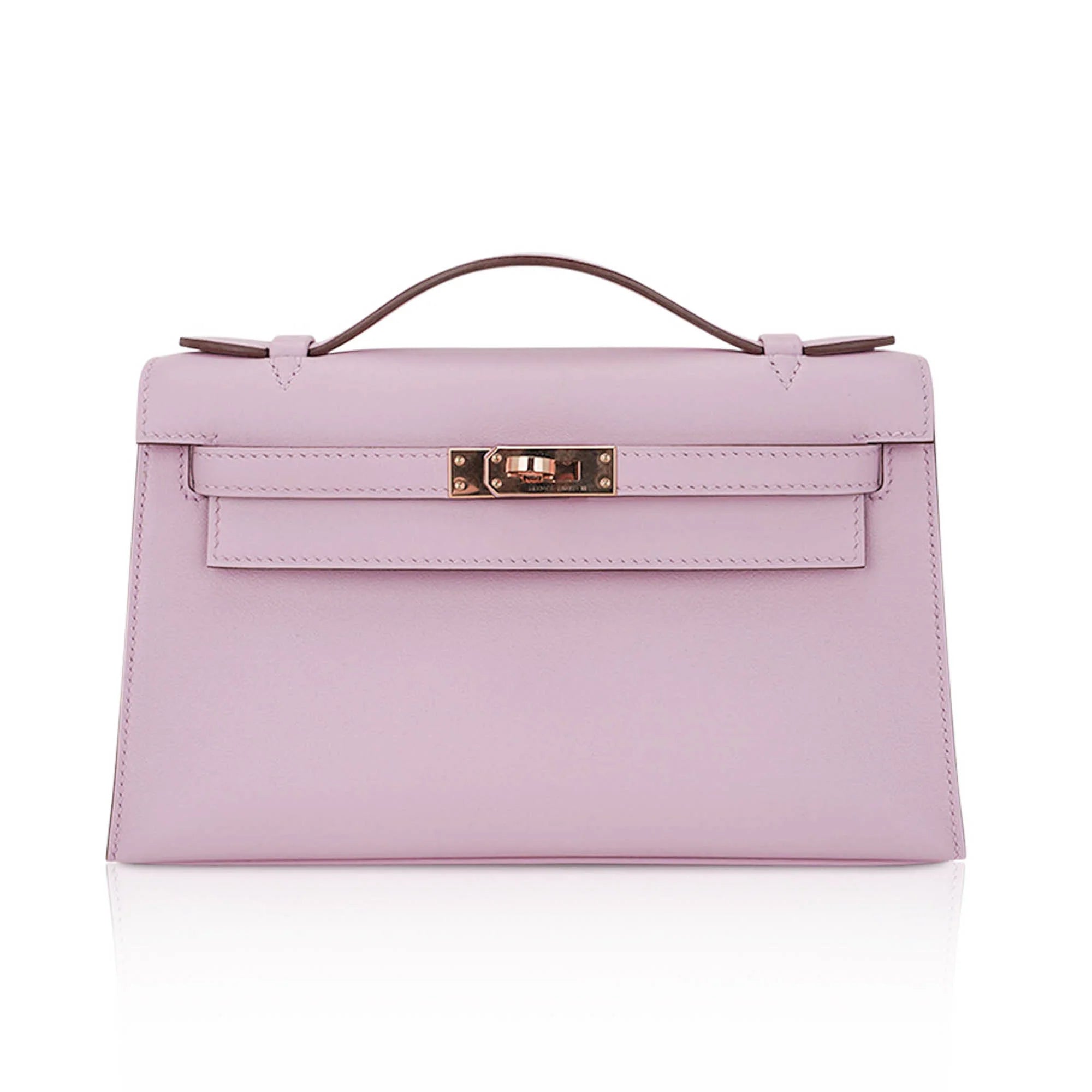 Kelly Pochette Clutch Bag Mauve Sylvestre Swift Leather with Rose Gold Hardware