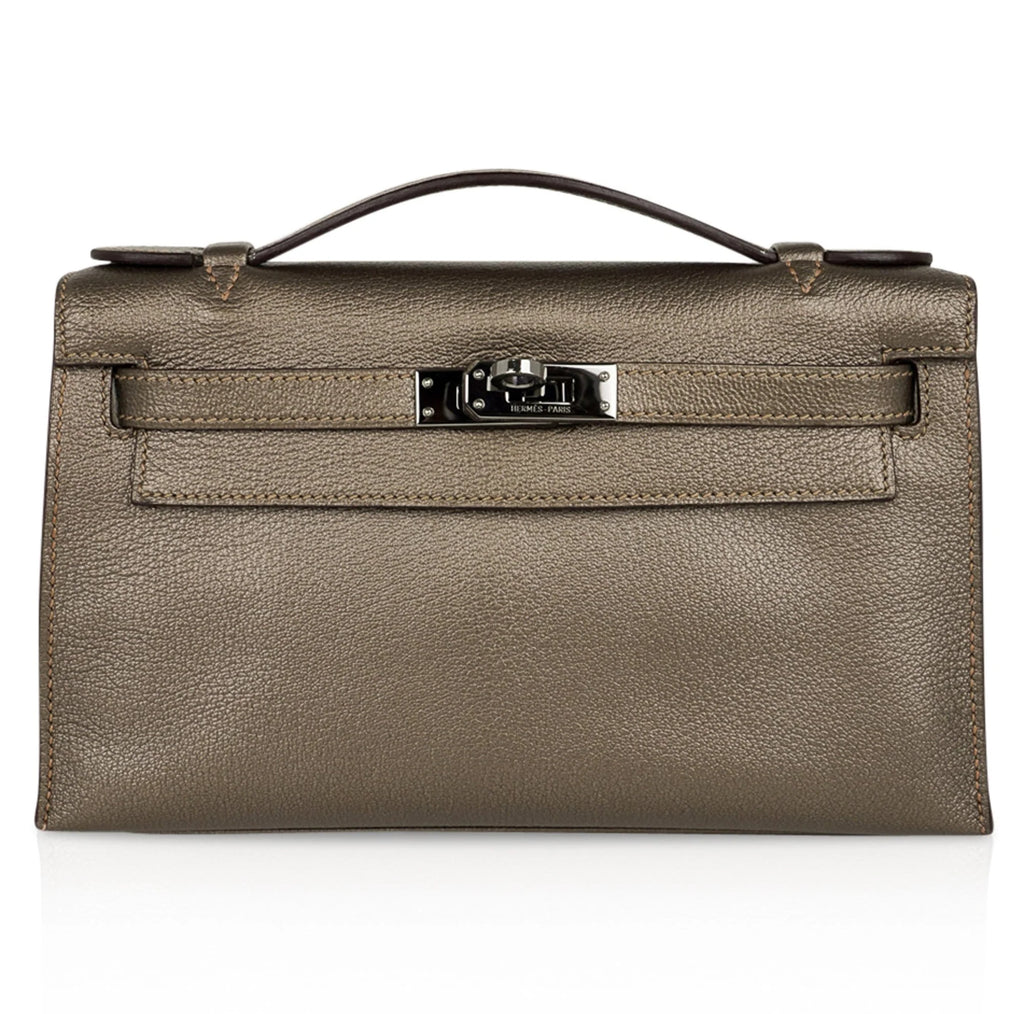 Kelly Pochette Metallic Bronze Clutch Bag Chevre Palladium